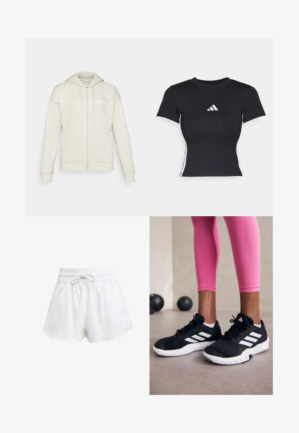 Ljust beige zip-up hoodie gjort av mjukt tyg. Har en huva, framfickor och en vit adidas-logotyp på vänster bröst.; Svart åtsittande t-shirt i ett mjukt tyg. Har korta ärmar och vit adidas-logga på bröstet. Vita ränder längs sidorna.; Vita träningsshorts med elastisk midja och justerbar dragsko. Tillverkade av lätt material, med sidofickor och en lös passform.; Svarta sportskor med vita ränder, texturerat meshupp, och en vit sula. Bärs med rosa leggings, vilket visar träningskläder.