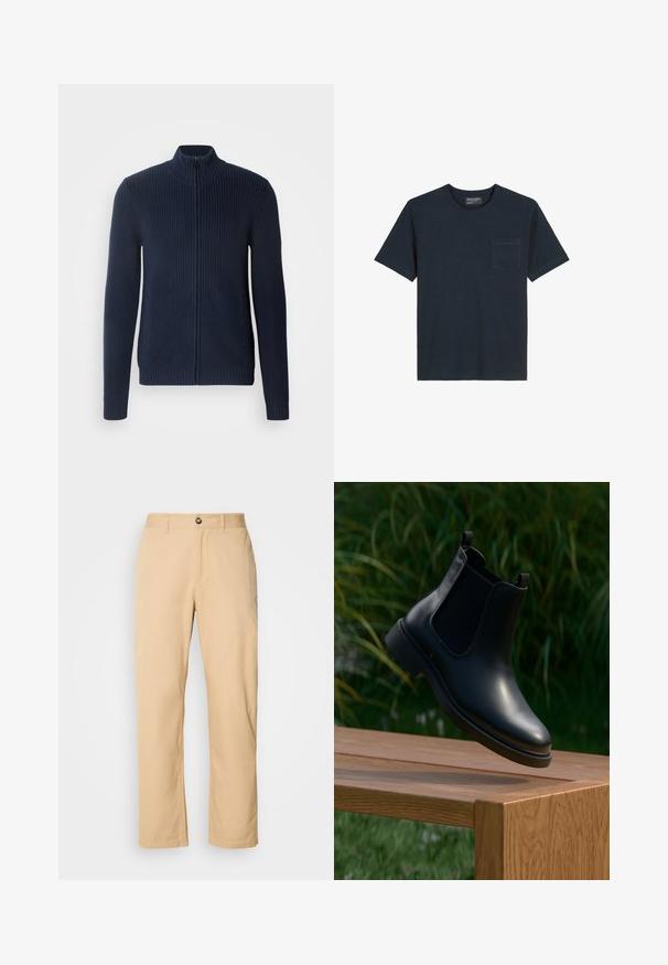 Navy-Cardigan mit Reißverschluss aus strukturiertem Strickstoff, mit einem hohen Kragen und engen Bündchen, sowie seitlichen Taschen, die in das Design integriert sind.; Marineblaue Kurzarm-T-Shirt aus weichem Stoff. Verfügt über eine Brusttasche und einen runden Halsausschnitt mit glatter Textur.; Khaki Baumwollhosen mit geradem Beinschnitt, ausgestattet mit einem vorderen Knopfverschluss und Gürtelschlaufen. Glatte Textur und einfarbige Oberfläche.; Schwarze Leder-Stiefelette mit elastischen Seitenpaneelen, schwebend über einer hölzernen Bank, mit grünem Laub im Hintergrund.