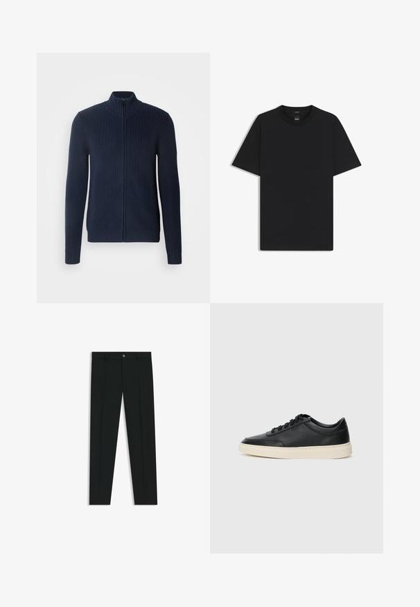 Navy-Cardigan mit Reißverschluss aus strukturiertem Strickstoff, mit einem hohen Kragen und engen Bündchen, sowie seitlichen Taschen, die in das Design integriert sind.; Schwarz T-Shirt mit kurzen Ärmeln aus einem glatten Baumwollmix, mit Rundhalsausschnitt und einem minimalistischen Design ohne Muster oder Akzente.; Schwarze Anzughosen mit geradem Bein, aus glattem Stoff. Mit Knopfverschluss vorne und Gürtelschlaufen. Schlicht ohne Muster.; Schwarzer niedriger Ledersneaker mit schwarzen Schnürsenkeln und cremefarbenem Sohlenrand, seitlich auf weißem Hintergrund dargestellt.