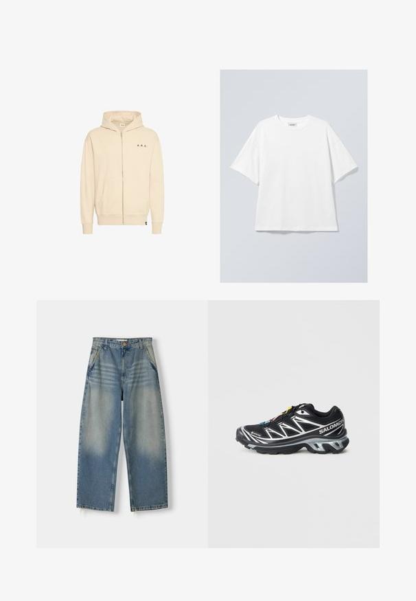 Beige zipzáras kapucnis pulóver, puha anyagból készült, kenguruzsebbel, húzókás kapucnival és fekete "A.R.C." felirattal a mellkason.; Fehér pamut póló kerek nyakkivágással és rövid ujjakkal. Lazán illeszkedő fazon, látható minták vagy díszítések nélkül. Sima textúra.; Világoskék farmer széles lábú nadrág, kopott hatással, öt zsebbel és nyers szegéllyel. Elöl gombos és cipzáras záródással rendelkezik.; Fekete futócipő ezüst kiegészítőkkel, GORE-TEX anyagból, struktúrált talppal és színes fűzőkkel. Párnázott sarokkal rendelkezik a támasz érdekében.