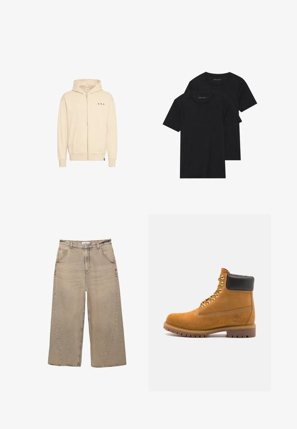 Beige zip-up hoodie lavet af blødt stof, med en kængurulomme, snoretræk i hætten og sort "A.R.C." tekst på brystet.; To sorte bomulds t-shirts med korte ærmer, rund halsudskæring og en glat tekstur, vist stablet sammen.; PULL&BEAR MEGA BAGGY - Baggy jeans - light grey; Tan nubuck ankelstøvle med sort polstret krave, gyldne metaløjer, hvid syning detaljer og robust gummisål med udtalte slidbaner.