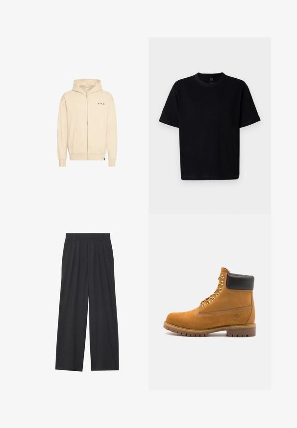 Beež zip-up kapuutsiga dressipluus, mis on valmistatud pehmest kangast. Sellel on kängurupocket, reguleeritav kapuuts ja must "A.R.C." kiri rinnal.; Must musta t-särk, millel on ümmargune kaelus, lühikesed varrukad ja sirge lõige. Omab minimaalset õmblemist ja pehmet, siledat tekstuuri.; Laiene püksid, mis on valmistatud tumedast hallist kangast. Omavad vööümbrikus voldikuid, on kohandatud disainiga ja sirge siluett.; Küpset tan suede sääreboot musta pehmea kraega, kuldsed metallist silmad, valge õmblemise detailid ja robustne kummist tallaga, millel on väljendunud mustrid.