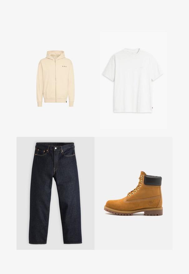 Beige Kapuzenpullover mit Reißverschluss aus weichem Stoff, ausgestattet mit einer Kängurutasche, Kordelzugkapuze und schwarzem "A.R.C." Schriftzug auf der Brust.; Weißes Baumwoll-T-Shirt mit kurzen Ärmeln, Rundhalsausschnitt und dezentem Levi's-Logo in der Mitte. Weicher Stoff und normale Passform.; Dunkelblaue Jeans aus Denim mit geradem Schnitt, fünf Taschen, kontrastierenden orangen Nähten und einem Knopfverschluss. Keine sichtbaren Muster oder Verzierungen.; Beige Wildleder-Ankle-Boot mit schwarzem gepolstertem Kragen, goldenen Metallösen, weißen Nähdetalben und einer robusten Gummisohle mit ausgeprägtem Profil.