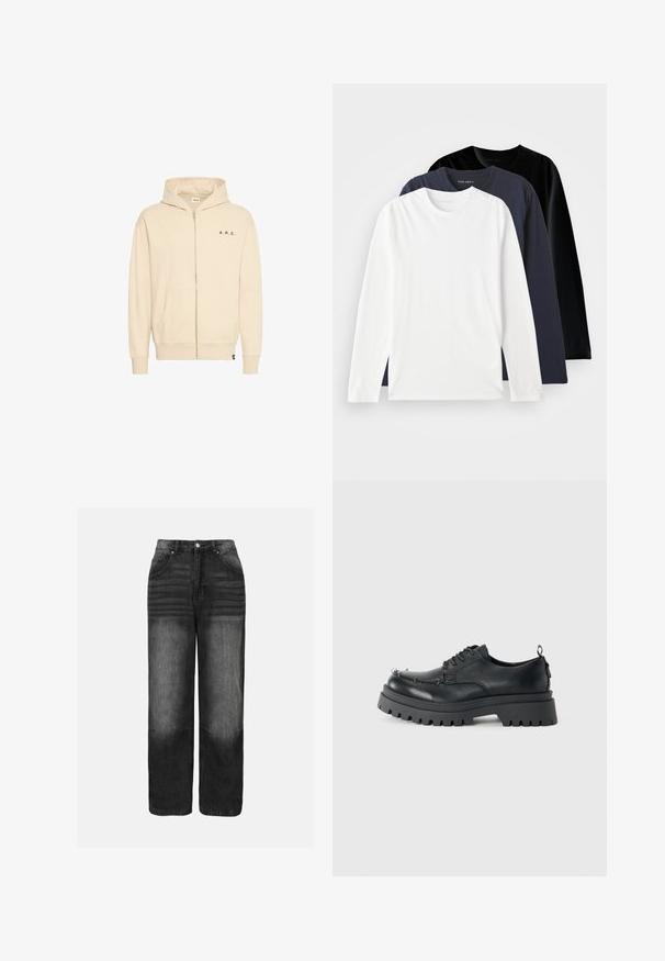 Bežs zip-up džemperis, izgatavots no mīkstas auduma, ar kangaroo kabatu, kapuci ar aukliņu un melnu "A.R.C." uzrakstu uz krūšu.; Trīs ar garām piedurknēm T-krekli, salikti vienā vietā: viens balts, viens tumši zils un viens melns. Izgatavoti no gludas kokvilnas, ar apaļiem kakla izgriezumiem un sānu slēgumiem.; Melnas denima bikses ar izbalējuma efektu, kam ir augsta jostasvieta, piecu kabatu dizains un taisnie āmuri. Redzami metāla piederumi un šuvju detaļas.; Melnas masīvas ādas kurpes ar auklēm, biezs, raupjš zole un metāla acs kontaktligzdas uz pirkstu zonas, fotografētas uz vienkārša gaiša fona.