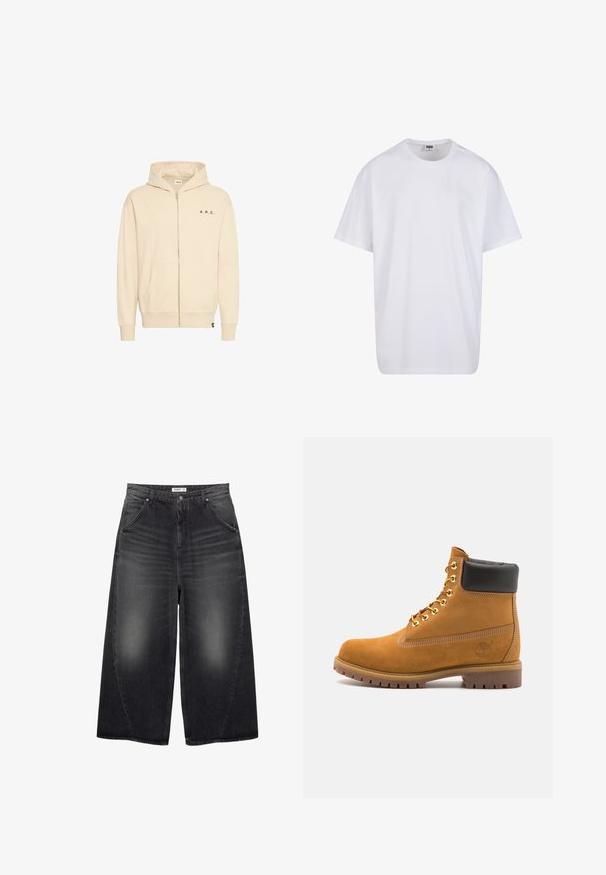 Beige zip-up hoodie i mjukt tyg, med en känguruficka, dragskohuva och svart "A.R.C."-tryck på bröstet.; Vit bomull t-shirt med korta ärmar, rundad halsringning, avslappnad passform och utan synliga logotyper eller mönster. Slät textur och minimal design.; PULL&BEAR MEGA BAGGY - Baggy jeans - black; Tan mockasins ankelstövlar med svart vadderad krage, guldmetallöglor, vit sömdekor och slitstöt gummisula med utmärkta mönster.