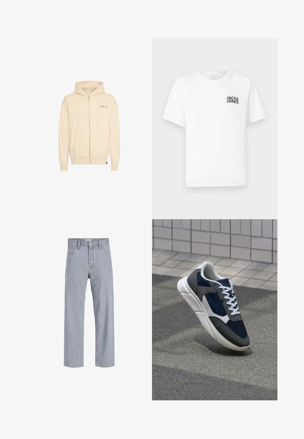 Beež zip-up kapuutsiga dressipluus, mis on valmistatud pehmest kangast. Sellel on kängurupocket, reguleeritav kapuuts ja must "A.R.C." kiri rinnal.; Valge puuvillane T-särk, lühikeste varrukatega, ümmarguse kaelusega. Vasakul rinnal on musta teksti logoga "JACK & JONES". Lihtne, üksikasjadeta disain.; Heledad sinine teksapüksid, millel on mugav lõige, sirged sääred, nähtavad õmblused, kaks eesmist taskut ja nööbkinnisega sulgemine.; Sneaker, mille sinine võrkkangas, hallid nubukdetailid, valge kummitald ja lamedad valged paelad, disainitud mugavuseks ja hingavuseks.