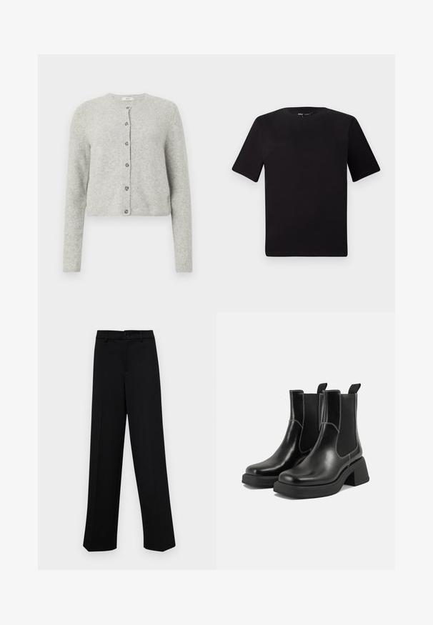 Cardigan de culoare gri deschis, fabricat dintr-un material moale și texturat. Are un guler rotund, mâneci lungi și un sistem de închidere cu butoni, având șase butoni.; Tricou scurt negru cu mânecă scurtă și guler rotund, realizat dintr-un material de bumbac moale. Design simplu, fără logo-uri sau modele vizibile.; Pantaloni negri cu croi larg, dintr-un material neted, având un talie clasică cu închidere prin buton și plisuri frontale.; Botine Chelsea din piele neagră, cu toc masiv, panouri laterale elastice și cusături albe contrastante. Finisaj texturat.