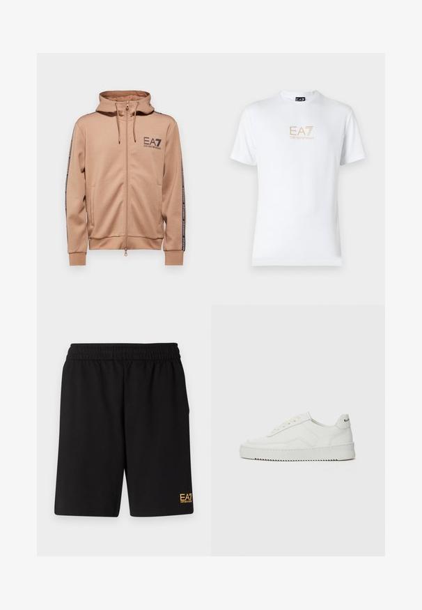 EA7 Emporio Armani FELPA - Mikina s kapucňou - portabella; Biela bavlnená tričko s okrúhlym výstrihom a krátkymi rukávmi, na prednej strane s potlačou zlatého loga EA7 Emporio Armani.; Čierne športové šortky vyrobené z jemného materiálu, s elastickým pásom a malým žltým logom EA7 na dolnej ľavej nohe.; Biele kožené tenisky s hladkým povrchom, okrúly špičkový dizajn, ploché šnúrky a textúrovaná podrážka. Obsahujú jemné logo na päte.