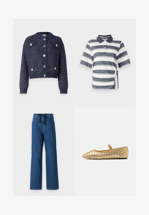 Chaqueta de punto recortada azul marino, con textura de punto, que presenta seis botones en tono plateado, dos bolsillos en el pecho con solapas y puños de canalé.; Polo de rayas horizontales en navy y blanco, con mangas cortas, cuello y detalle de fruncido en los laterales. Está hecho de una tela suave y elástica.; Pantalones de denim azul oscuro de pierna ancha con cintura con cordón y bolsillos frontales. La tela tiene una textura suave con detalles de costura sutiles.; Loeffler Randall LEONIE SOFT BALLET FLAT - Bailarinas con hebilla - gold