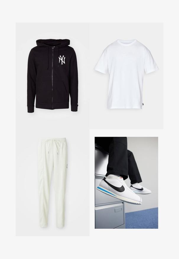 Felpa nera con zip realizzata in un misto cotone, dotata di un grande logo bianco sul lato sinistro del petto, tasche frontali e cappuccio con coulisse.; T-shirt bianco in cotone con maniche corte e colletto tondo. Presenta un piccolo e discreto logo Nike sul petto e un'etichetta laterale.; Pantaloni jogger slim-fit bianchi con vita elasticizzata e cordino, caratterizzati da dettagli sulle cuciture laterali e un piccolo patch nero sulla gamba destra.; Sneakers in pelle bianca con uno swoosh Nike nero, suola in gomma leggera blu e grigia, e un classico design con lacci. I piedi poggiano su un armadietto.