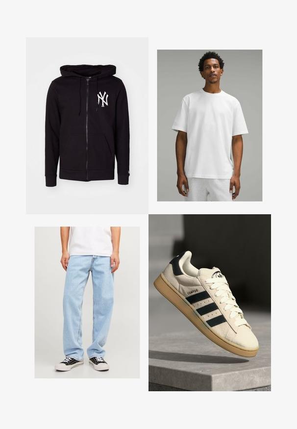 Čierna mikina na zips vyrobená z bavlnenej zmesi, s veľkým bielym logom na ľavej hrudi, prednými vreckami a kapucňou so sťahovacou šnúrkou.; Biela bavlnená tričko s krátkymi rukávmi, okrúhlym výstrihom a voľným strihom. Hladká textúra, jednoduchý dizajn, bez viditeľných vzorov alebo akcentov.; Svetlomodré džínsy s uvoľneným strihom, so straitpno nohou a štandardným prešívaním, skombinované s čiernymi teniskami.; Béžové semišové tenisky s tromi tmavomodrými pruhmi, bielymi šnúrkami a béžovou gumovou podrážkou. Obsahujú logo na jazyku a text "CAMPUS".