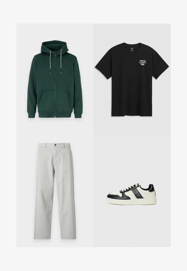 Sötétzöld, cipzáros kapucnis felső, elülső cipzárral, zsinórral állítható kapucnival és két elülső zsebbel. Puha anyagból készült, bordázott mandzsettákkal és derékkal.; Fekete pamut póló, melynek mellkasi nyomata "HOUSE PLANTS" felirattal fehér stilizált betűkkel, alatta a "Levi's" felirattal. Klasszikus kerek nyakú.; Világosszürke, egyenes szárú nadrág sima, szőtt anyagból. Elöl gombos záródással és oldalsó zsebekkel rendelkezik. Minimalista stílus.; Fekete és krém színű bőrsneaker, perforált díszítésekkel, párnázott bokapánttal és texturált talppal.