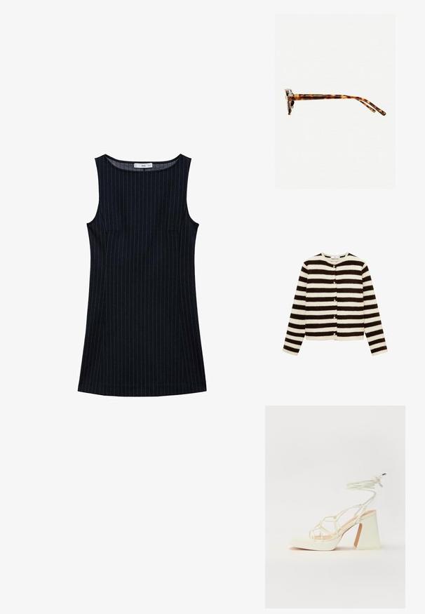 Pruhovaný cardigan s střídajícími se černými a krémovými vodorovnými pruhy, vyrobený z měkkého strukturovaného materiálu, s předními knoflíkovými zapínáními a dlouhými rukávy.; Námorně modré šaty bez rukávů s rovnými liniemi, obsahující boční kapsy a kulatý výstřih. Hladká textura látky.; Bílé sandály na vysokém podpatku s robustním podpatkem, s designem s pásky a zavazováním kolem kotníku. Hladký povrch s platformou vpředu pro zvýšení výšky.; Sluneční brýle v želvovinovém designu s tlustým rámem, mírně zakřivenými spánky a hladkým povrchem. Klasický design s lesklým finišem.; Bílá syntetická kabelka v trojúhelníkovém tvaru, s plochým předním klopným víkem a detailem mašle, nastavitelným popruhem, hladkým povrchem a minimalistickým designem.