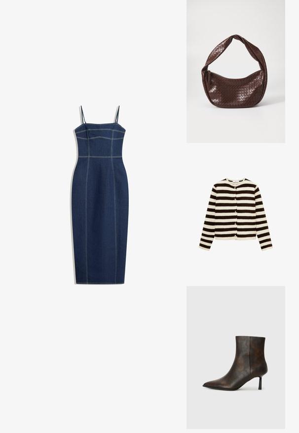 Stribet cardigan med skiftende sorte og creme horisontale striber, lavet af blødt tekstureret materiale, med frontknaplukninger og lange ærmer.; Denim bodycon kjole med tynde justerbare stropper, mørkeblå farve, med kontrasterende gule syninger og en tætsiddende silhuet.; Brun læder ankelstøvle med spids tå, slankt design og en tynd sort hæl. Struktureret overflade med et subtilt mønster.; Brun vævet lædertaske med et buet, knyttet håndtag og en lynlås lukning. Glat tekstur og rund form.