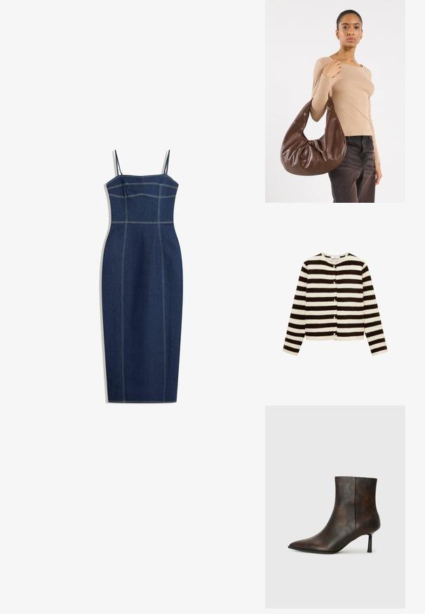 Striped cardigan featuring alternating black and cream horizontal stripes, made of soft textured material, with front button closures and long sleeves.; Denim bodycon dress with thin adjustable straps, dark blue color, featuring contrasting yellow stitching and a fitted silhouette.; Brown leather ankle boot with a pointed toe, sleek design, and a thin black heel. Textured surface with a subtle pattern.; Brown leather hobo bag with a slouchy design and smooth texture. Worn casually by a model, featuring a large opening and rounded shape.