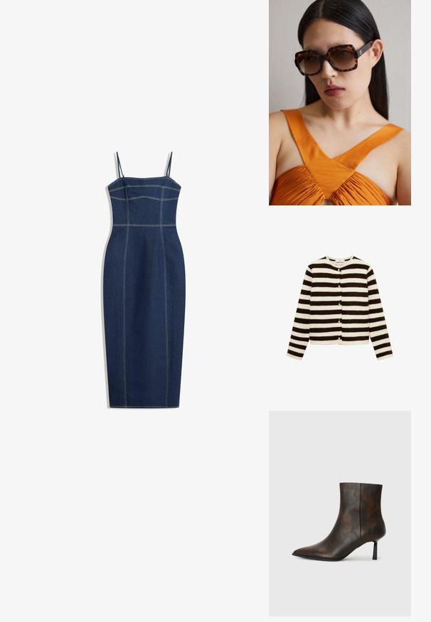 Cardigan a righe con strisce orizzontali alternate nere e crema, realizzato in morbido materiale testurizzato, dotato di chiusura con bottoni frontali e maniche lunghe.; Abito bodycon in denim con sottili spalline regolabili, colore blu scuro, caratterizzato da cuciture gialle a contrasto e una siluette aderente.; Stivale alla caviglia in pelle marrone con punta affusolata, design elegante e tacco sottile nero. Superficie strutturata con un motivo sottile.; Occhiali da sole oversize in tartaruga marrone con una ampia montatura rettangolare e lenti sfumate. Dettaglio del logo in oro sul lato.