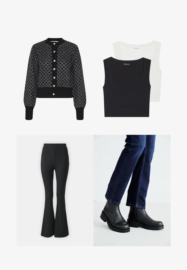 Karen by Simonsen Strickjacke - meteorite; Zwei Tanktops in Schwarz und Weiß, aus dehnbarem Stoff. Mit Rundhalsausschnitt und gleichmäßig genähten Kanten. Markenlabel sichtbar.; Schwarze ausgestellte Hosen aus elastischem Stoff. Sie haben einen hohen Bund und ein glattes, eng anliegendes Design, das ab dem Knie nach unten ausgestellt ist.; Schwarze Lederstiefeletten mit einer dicken Sohle und seitlichen Elastikeinsätzen, kombiniert mit dunkelblauen Jeans. Der Boden ist hellfarbig.