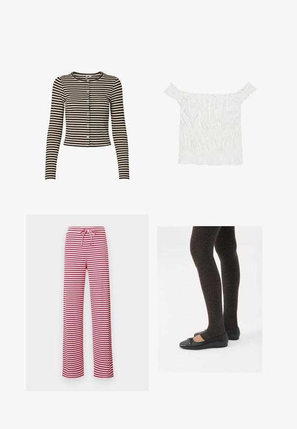 Brun och krämrandig långärmad cardigan med rundad halsringning, knappslutning fram och ribbad textur. Kortad design.; Vit off-shoulder topp med volangdetaljer, samlad textur och elastisk midja. Tillverkad av mjukt bomullstyg.; Röd- och vitrandiga, löst sittande byxor med dragsko i midjan och ribbad textur. Rakt ben-design som sträcker sig till ankellängd.; Svarta platta skor med en liten rosett vid tån, i kombination med mörkbruna ribbade strumpbyxor. Skorna har en slät yta och låg profil.
