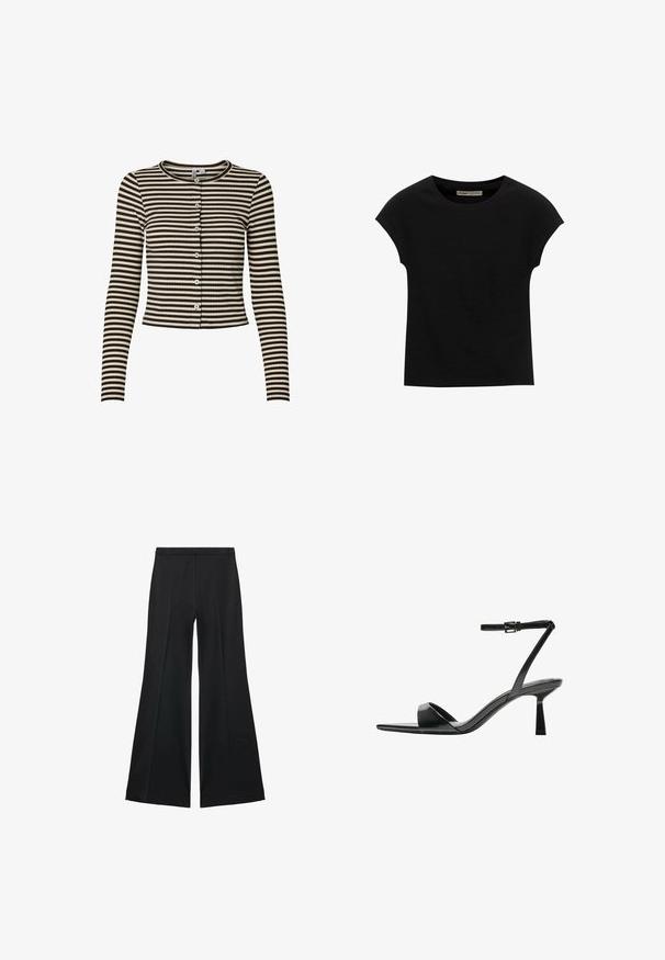 Hnědo-krémový pruhovaný svetřík s dlouhým rukávem, zakulaceným výstřihem, předním knoflíkovým zapínáním a ribbovaným povrchem. Zkrácený střih.; Černé tričko s krátkým rukávem vyrobené z měkké tkaniny, s kulatým výstřihem a volným střihem, s hladkým povrchem a bez vzorů.; Černé kalhoty s širokými nohavicemi a hladkou texturou, s předními sklady a přizpůsobeným střihem. Materiál je lehký a splývavý.; Bershka Sandály na vysokém podpatku - black