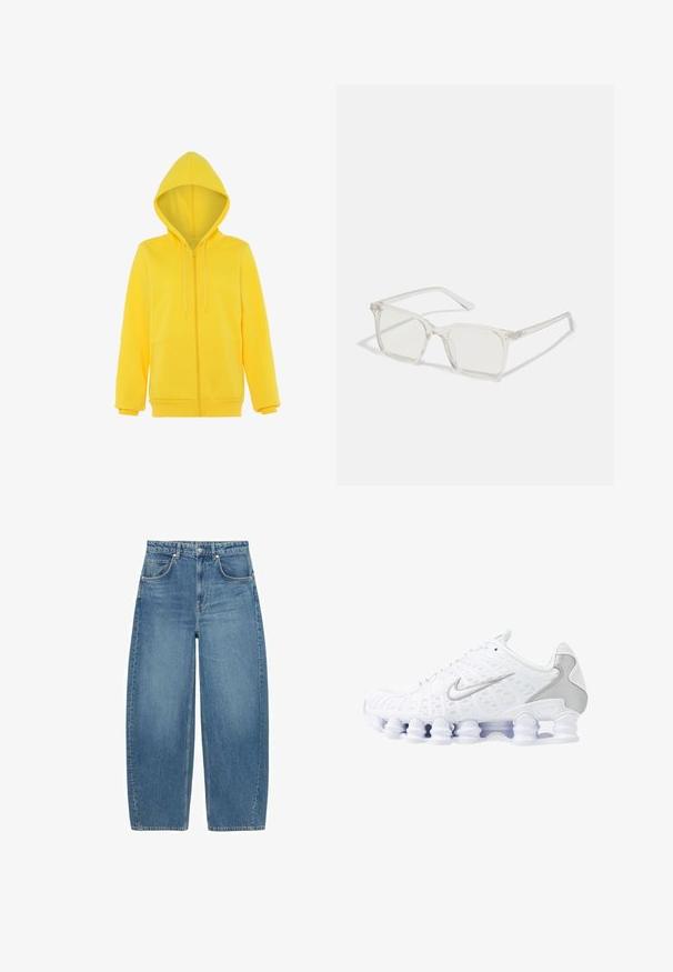 Sudadera amarilla con cremallera y capucha ajustable, de mangas largas y textura suave; presenta un bolsillo canguro en la parte frontal.; Camisa azul clara de botones con rayas blancas, que presenta una corbata a juego. Mangas largas, cuello tradicional y un diseño de dobladillo curvado.; Jeans de tiro alto y pernera ancha en azul, con bolsillos delanteros y cierre de botón, exhibidos planos sobre un fondo blanco.; Zapatillas deportivas blancas con parte superior de malla, acentos plateados y un diseño de suela de bobina único. Cuenta con un collar acolchado y cierre de cordones para un buen ajuste.; Gafas cuadradas de plástico transparente con lentes translúcidos, que cuentan con acentos dorados en las patillas para un detalle adicional.; Bolso de hombro de denim azul acolchado con una correa de cadena dorada y un destacado acento de logotipo dorado en el frente. Forma rectangular compacta.