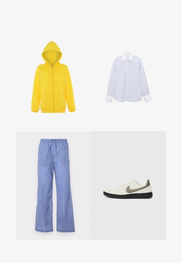 Žlutá mikina na zip s kapucí na šňůrku, dlouhými rukávy a měkkou texturou; má klokaní kapsu vpředu.; Světle modrá proužkovaná košile s bílým límcem a manžetami, která má zapínání na knoflíky vpředu a levou náprsní kapsu. Dlouhé rukávy jsou součástí.; Modré lehké kalhoty s elastickým pasem, volného střihu a bočním lemem. Vyrobené z hladkého a odolného materiálu.; Nike Sportswear FIELD GENERAL - Tenisky - off-white/black