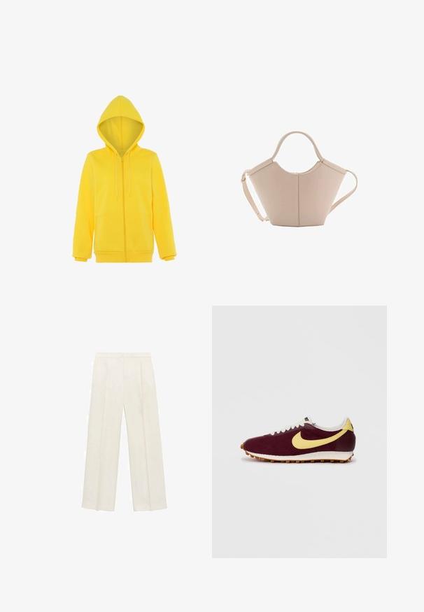Yellow zip-up hoodie with a drawstring hood, long sleeves, and a soft texture; features a kangaroo pocket at the front.; White cotton short-sleeve t-shirt with a round neckline. Simple design, loose fit, smooth texture. No patterns or accents visible.; Wide-legged trousers in a light cream color. Made from a smooth fabric with pleats at the front and side pockets.; Maroon sneaker with yellow swoosh, white laces, and a textured fabric upper. Gum sole with ridged pattern. Classic running shoe design.; Beige leather handbag with a unique shape, featuring two short handles and a long adjustable strap. Smooth texture with minimal hardware.