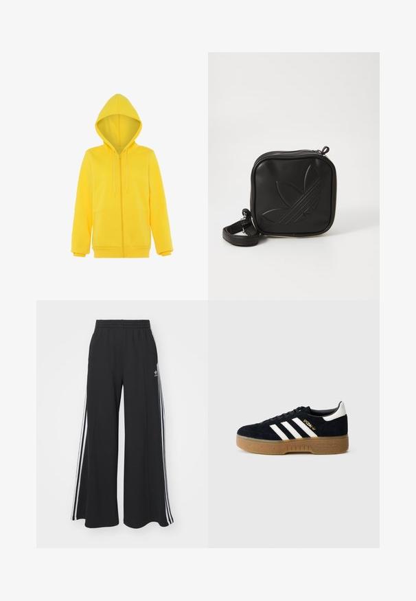 Gul zip-up hoodie med dragsko på huvan, långa ärmar och en mjuk textur; har en känguruficka framtill.; Marinblå kortärmad t-shirt, rund halsringning, tillverkad av mjukt tyg, med rak passform och utan synliga mönster eller detaljer.; Svarta vida sweatpants med elastisk midje, med vita sidosträck och en broderad logotyp på vänster lår.; Svart mockasinsneaker med vita tre ränder och guldfärgad märkning. Gummisula med texturerat grepp. Klassisk lågskuren design med rundad tå.; Svart fyrkantig crossbody-väska i texturerat syntetmaterial. Har en präglad logodesign och justerbar rem. Dragkedjestängning.