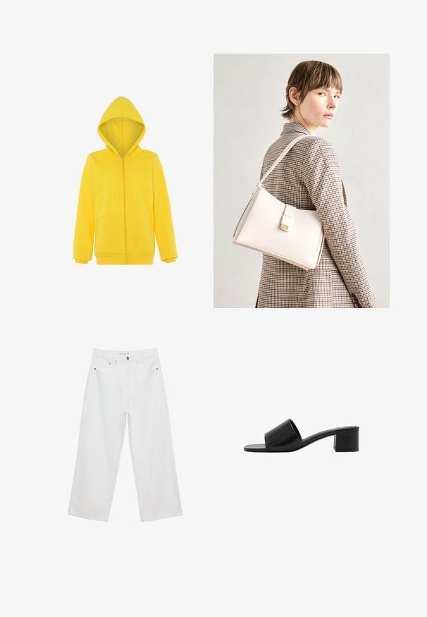 Hoodie zippé jaune avec capuche à cordon, manches longues et texture douce ; présente une poche kangourou à l'avant.; T-shirt blanc à manches courtes avec une coupe décontractée et une texture froncée à la taille. Fabriqué en tissu doux et léger.; Jean large blanc en denim avec taille haute, comportant cinq poches et des accents en métal. Texture lisse, sans motifs visibles.; Sandale à talon bloc en cuir noir, ouverte à l'avant, avec une large bride. Présente une texture lisse et un design minimaliste.; Sac à main en cuir blanc au design structuré, doté d'un fermoir magnétique et d'une bandoulière, présenté sur un fond neutre.