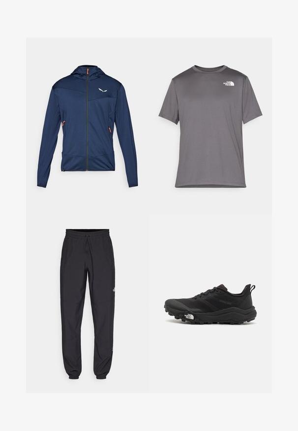 Marineblaues Zip-Jackett mit Kapuze, ausgestattet mit strukturiertem Stoff, orangefarbenen Reißverschluss-Highlights und einem weißen Logo auf der Brust.; Graues sportliches T-Shirt mit kurzen Ärmeln, aus glattem, leichtem Stoff. Verfügt über ein weißes Logo auf der linken Brustseite. Rundhalsausschnitt.; Schwarze Sporthosen aus leichtem Stoff, mit einem Kordelzugbund, seitlichen Taschen und schmal zulaufenden Bündchen an den Knöcheln.; Schwarzer Trailrunning-Schuh mit strukturiertem Obermaterial, Gummisohle und verstärkter Zehenkappe. Verfügt über einen gepolsterten Kragen und eine Ziehlasche für einfaches Anziehen.