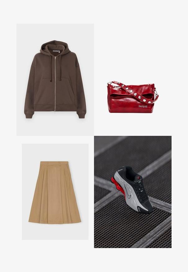 Sudadera con cremallera marrón hecha de tela suave, que cuenta con un gran bolsillo frontal, capucha con cordones y puños acanalados. Diseño simple con acentos minimalistas.; Camiseta blanca de algodón con cuello redondo, mangas cortas y un logotipo de Nike en negro impreso en el centro del pecho. Diseño simple y clásico.; Falda plisada hasta la rodilla de algodón marrón claro, con una cintura ajustada con pasadores para cinturón y dobladillo recto.; Zapatilla deportiva negra y gris con suela acolchada roja, cordones negros y logo swoosh, apoyada sobre una superficie de rejilla metálica.; Bolso de hombro de piel sintética roja con solapa plegable, detalles de broche plateado en la correa y un logotipo impreso de "Desigual".