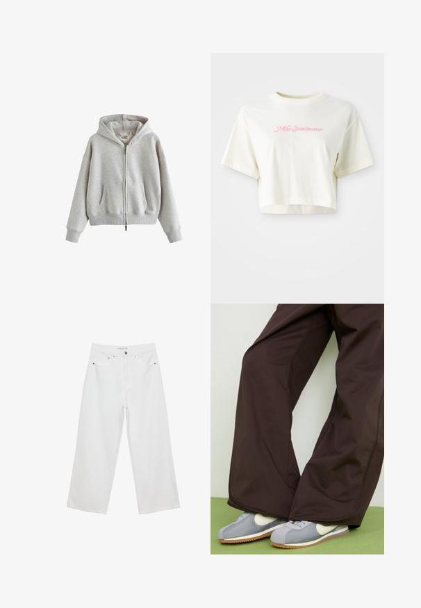 Šedá mikina na zips z mäkkého materiálu s kapucňou, prednými vreckami, rebrovými manžetami a spodným lemom. Jednoduchý, voľný dizajn s minimálnym brandingom.; Krátky, smotanový tričko vyrobené z bavlny. Obsahuje ružový vyšívaný logotyp s nápisom "Nike Sportwear." Krátke rukávy a okrúhly výstrih.; Biele široké džínsy z denimu s vysokým pásom, vybavené piatimi vreckami a kovovými doplnkami. Hladká textúra, žiadne viditeľné vzory.; Hnedé nohavice s širokými nohavicami a hladkým povrchom, so švami po stranách, skombinované so šedými a bielymi retro teniskami s gumenou podrážkou.