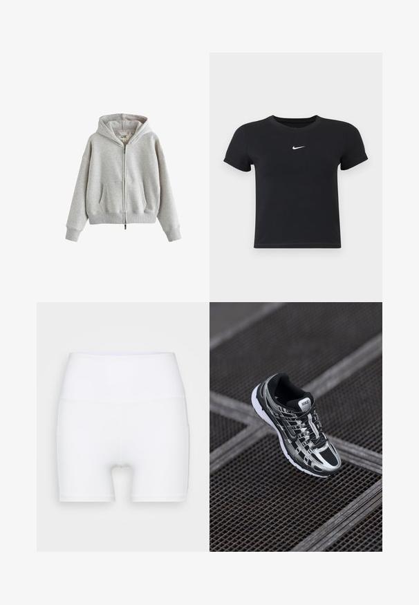 Sivi dukserica sa patentnim zatvaračem izrađena od mekog materijala, s kapuljačom, prednjim džepovima, rebrastim manžetama i rubom. Jednostavan, oversized dizajn s minimalnim brendiranjem.; Crna majica kratkih rukava od pamuka s okruglim izrezom. Ima bijeli Nike logotip na prsima, minimalistički dizajn i oblik koji prati liniju tijela.; Bijele kratke hlače visokog struka napravljene od rastezljivog materijala. Karakteriziraju ih glatka tekstura i prilagođeni dizajn, bez dodatnih uzoraka ili hardvera.; Nike trkaći model tenisice s crno-srebrnom bojom, mrežastim gornjim dijelom, teksturiranim potplatom i sustavom vezivanja za sigurno prilagođavanje.