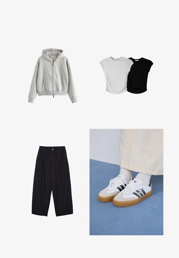 Šedá zipová mikina vyrobená z měkkého materiálu, vybavená kapucí, předními kapsami, žebrovanými manžetami a spodním lemem. Jednoduchý, oversized design s minimálním brandingem.; Dvě trička s krátkým rukávem: jedno šedé s mírně texturovaným povrchem a jedno černé, obě s bočním zúžením a zaoblenými lemy.; Černé polyesterové culotte kalhoty s elastickým pasem, dvěma předními sklady a volným siluetou. Žádné viditelné vzory ani kovové detaily.; Bílé tenisky s černými pruhy a béžovými semišovými akcenty. Mají texturovanou gumovou podrážku a ploché bílé tkaničky, nošeny s světlými ponožkami.