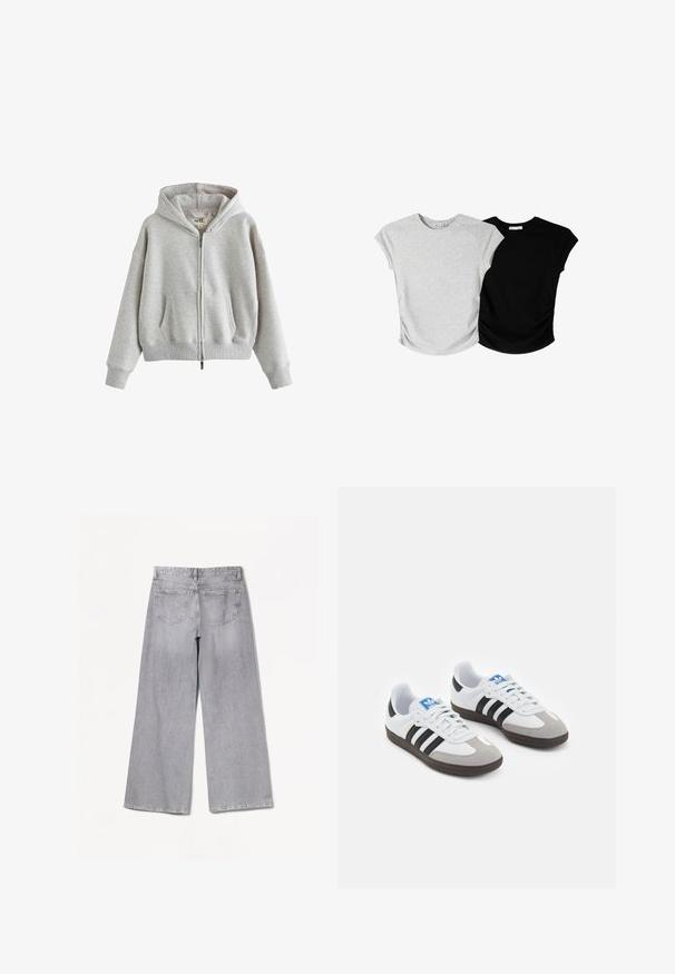 Grijze zip-up hoodie van zacht materiaal met een capuchon, voorzakken, ribgebreide manchetten en onderkant. Eenvoudig, oversized ontwerp met minimale branding.; Twee t-shirts met korte mouwen: een grijze met een licht gestructureerde afwerking en een zwarte, beide met zijdelings fronsen en afgeronde zomen.; Bershka WIDE-LEG - Wide leg - grey; Sportschoenen met een witte leren bovenkant, grijze suède neus en drie zwarte strepen. Bevat een blauw logo op de tong en een gestructureerde rubberen zool.