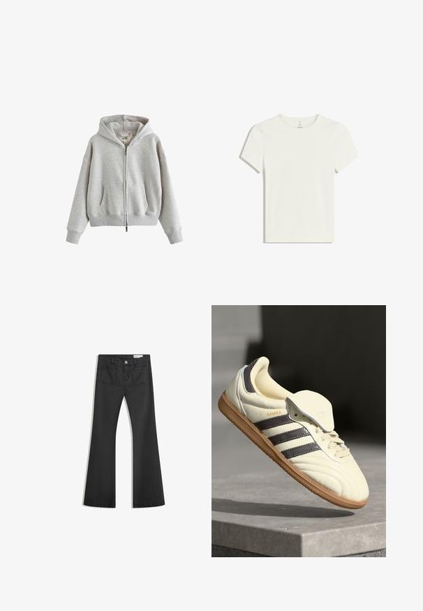 Grijze zip-up hoodie van zacht materiaal met een capuchon, voorzakken, ribgebreide manchetten en onderkant. Eenvoudig, oversized ontwerp met minimale branding.; Witte t-shirt met korte mouwen, gemaakt van zachte, lichte stof. Heeft een ronde halslijn en een eenvoudig ontwerp zonder patronen of accenten.; Zwarte flared jeans van denim met een gladde textuur, voorzien van twee achterzakken en een knoopsluiting bij de taille.; Crème leren sneaker met drie donkere strepen, een bruine gumrubberen zool en een ronde neus. Voorzien van een opvouwbare tong met het label "SAMBA."