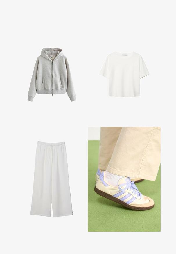 Lys grå zip-up hoodie i blødt materiale med hætte, forlommer, ribbede manchetter og kant. Enkel, oversized design med minimal branding.; Hvid kortærmet t-shirt lavet af bomuld. Har en rund halsudskæring og en afslappet pasform. Glat tekstur uden synlige mønstre eller detaljer.; Hvide vidde bukser lavet af letvægtsstof, med en elastisk talje og snøre for justerbar pasform. Glat tekstur.; Creme og lavendel sneakers med tre striber og en tekstureret brun sål, der har snørebånd og en polstret hæl. Blødt stof øvre.