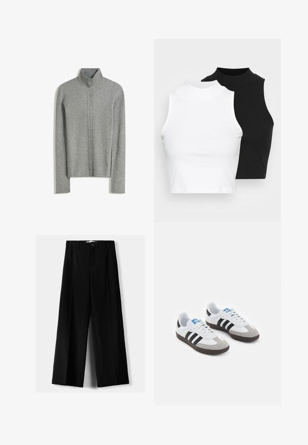Light gray ribbed cardigan with a high collar, featuring a button-down front and long sleeves. Soft texture with a fitted design.; Two sleeveless ribbed turtleneck tops in black and white, featuring a fitted design and smooth texture, with cropped length.; Black wide-leg trousers made of lightweight fabric, featuring a front button closure and flat front, with neatly stitched hems.; Sport shoes with a white leather upper, gray suede toe, and three black stripes. Features a blue logo on the tongue and a textured rubber sole.