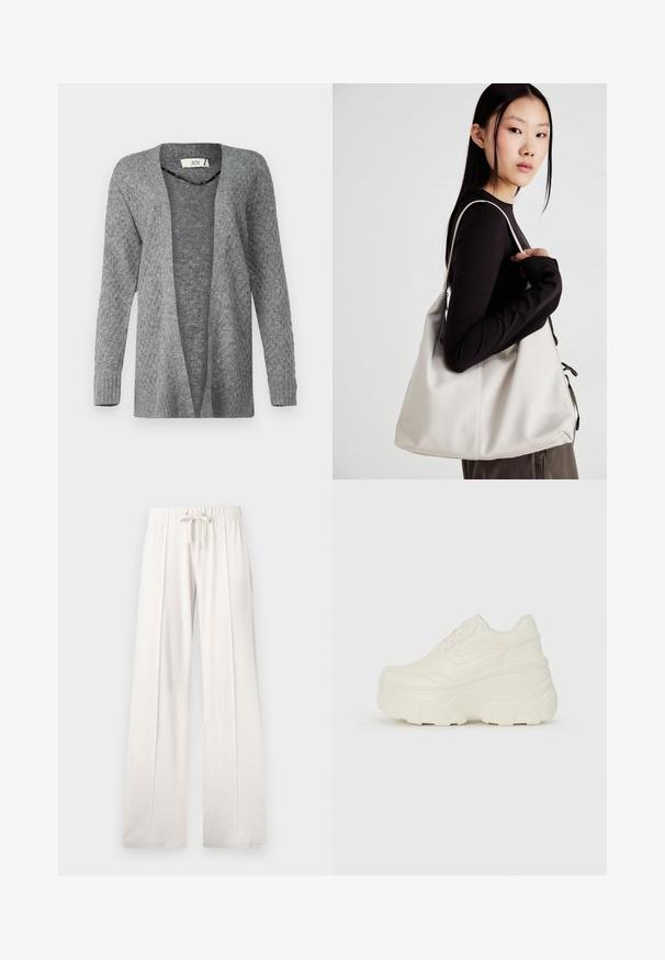 JDY JDYBIGUM LONG OPEN CARDIGAN - Neuletakki - medium grey; Kaksi pitkähihainen puseroa valkoisena ja mustana. Varren neulos, pyöreä kaulus, tiukka malli, jossa on hieman levenevät hihat.; Vaaleanbeiget collegehousut, joissa on pehmeä kangas, nyörikuja vyötäröllä, leveät lahkeet ja pystysaumat, sekä sileä pinta.; Valkoiset tasapohjakengät, joissa on sileä nahkamainen päällinen, pyöristetty muoto, pehmustettu nilkkaosa ja texturoitu kumipohja, jossa on hyvin määritellyt urat.; Beige laukku, joka on valmistettu pehmeästä materiaalista, ja siinä on rento muotoilu, ommeltu yksityiskohtia ja kaksi olkahihnaa. Sopii päivittäiseen käyttöön.
