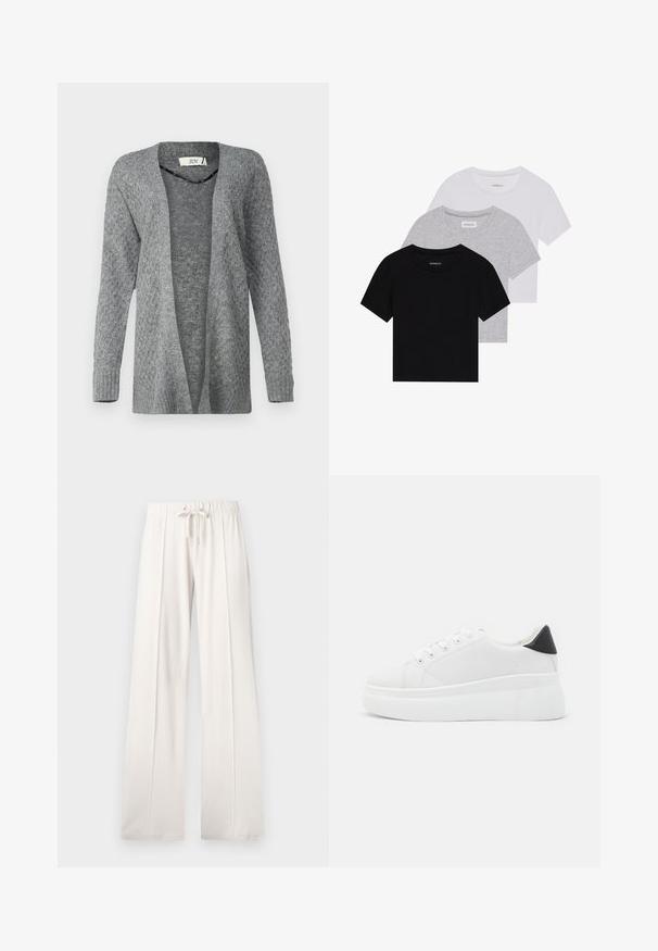 JDY JDYBIGUM LONG OPEN CARDIGAN - Cardigan - medium grey; Sett med tre kortermede t-skjorter i svart, grått og hvitt. Laget av bomull, med rund hals og en enkel, ensfarget design.; Lyse beige joggebukser laget av mykt stoff, med snor i livet, vide ben og vertikale sømmer, med en jevn tekstur.; Hvite plattform sneakers laget av glatt syntetisk materiale, med rund tå, snøring og en strukturert gummisåle. Svart hæl akcent.