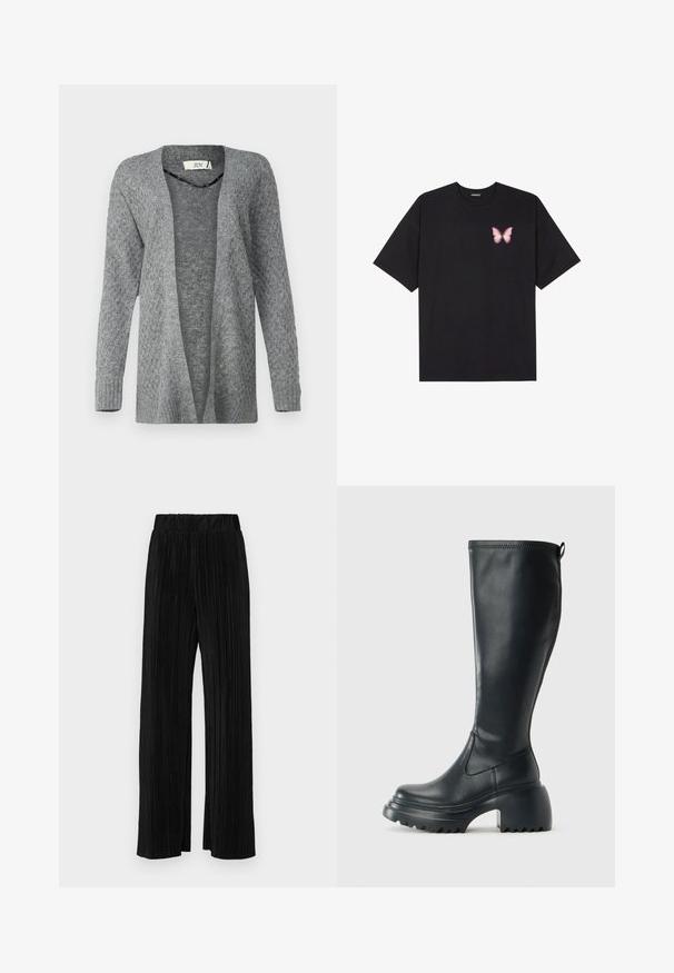 JDY JDYBIGUM LONG OPEN CARDIGAN - Vest - medium grey; Zwarte katoenen t-shirt met korte mouwen, voorzien van een kleine roze vlinder graphic op de linkerkant van de borst. Crew neck ontwerp met een relaxte fit.; Zwarte geplooide broek met een elastische tailleband. Beschikt over wijde pijpen en een glad, gestructureerd stof met verticale strepen.; Hoge zwarte leren laars met een chunky plateauzool en blokhak, voorzien van een trekband en een gestructureerd profiel op de buitenzool.