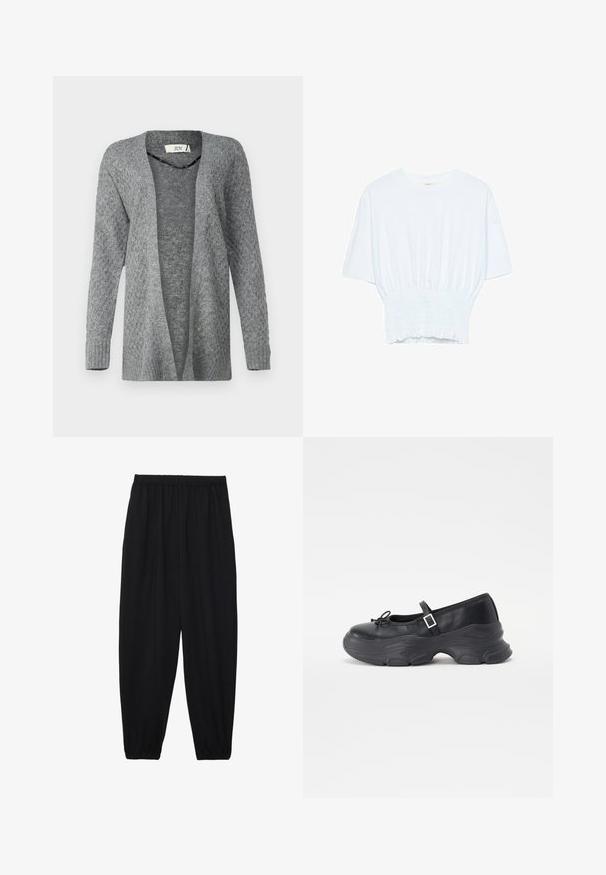 JDY JDYBIGUM LONG OPEN CARDIGAN - Kardigan - medium grey; Bílý tričko s krátkým rukávem, se volným střihem a nařasenou texturou v pase. Vyrobeno z měkkého, lehkého materiálu.; Černé, lehké kalhoty s elastickým pasem a nařasenými kotníky. Tkanina je hladká a má uvolněný, zúžený design.; Černá kožená botička Mary Jane se zaoblenou špičkou, detailem mašle a nastavitelným páskem kolem kotníku. Disponuje chunky gumovou podrážkou s zakřivenými akcenty.