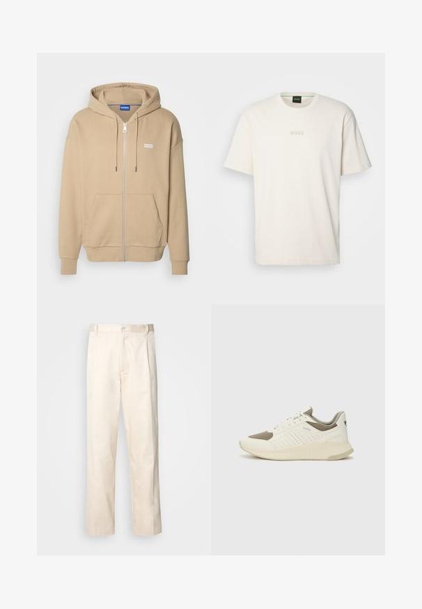 HUGO NARDIMEZ - Užtrauktuku užsegamas treningas - medium beige; BOSS TEE - Paprasti marškinėliai - open white; Bežinės medvilninės kelnės su tiesiu kirpimu, turinčios mygtuko uždarymą ir priekyje raukšles papildomai dekoratyviam akcentui.; Baltas ir šviesiai bežinis sportinis kedas, su tinklo viršumi, perforuotais detalėmis ir tekstūruotu tarpine su logotipu ant kulno.
