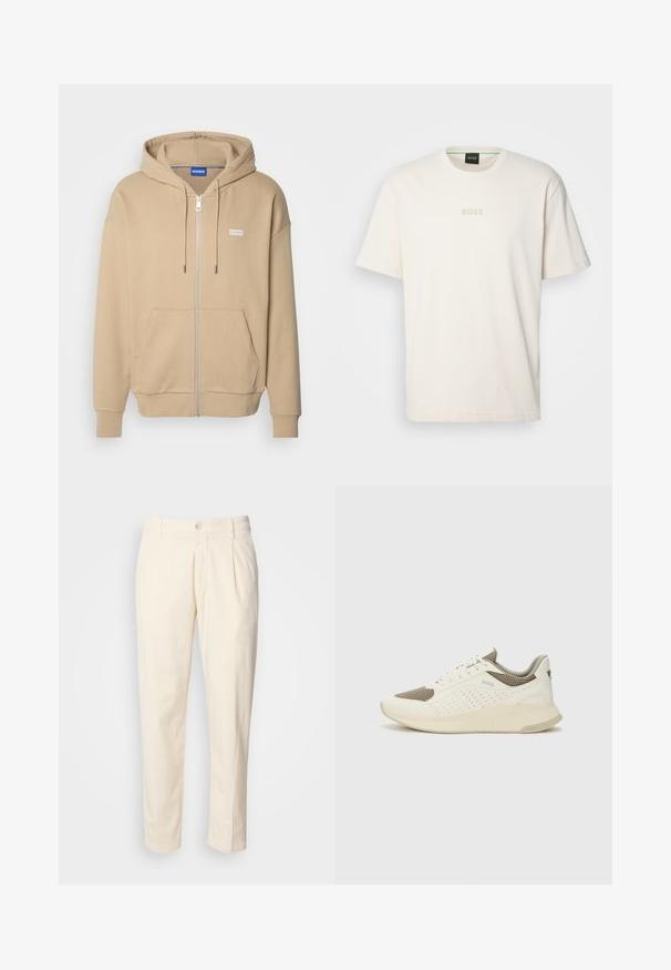 HUGO NARDIMEZ - Sweatjacke - medium beige; BOSS TEE - T-Shirt basic - open white; Cremfarbene Baumwollhosen mit geradem Bein, featuring Vorderfalten, einen Knopfverschluss und seitliche Taschen. Glatte Textur.; Weiße und hellbeige Sport Sneakers, ausgestattet mit einem Obermaterial aus Netzgewebe, perforierten Details und einer strukturierten Zwischensohle mit Branding an der Ferse.