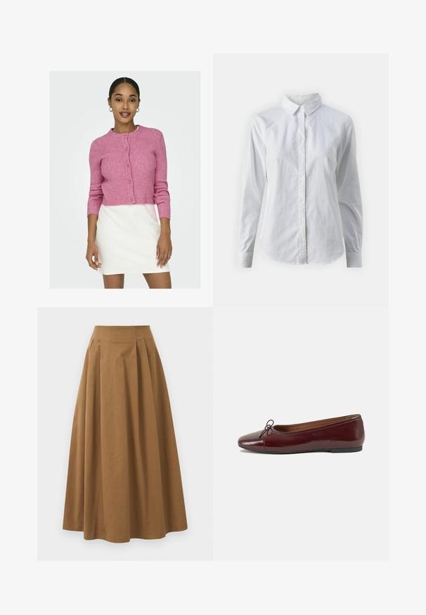 ONLY ONLKATIA BUTTON CARDIGAN - Strickjacke - carmine rose; Weißes Hemd mit Knöpfen, aus glattem Baumwollstoff, mit klassischem Kragen, langen Ärmeln und abgerundetem Saum. Die Knöpfe sind klein und weiß.; Brauner Baumwoll-A-Linien-Rock mit hoher Taille, der vorne Falten aufweist und eine glatte Textur hat. Der Saum ist sauber und einfach verarbeitet.; Burgunderfarbenes, lackiertes Ballettschuh mit abgerundetem Zehenbereich, kleiner Schleifenakzent vorne und einer niedrigen, schwarzen Gummisohle. Glatte Textur.