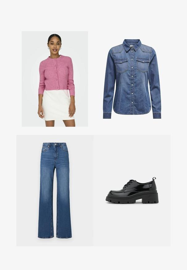 ONLY ONLKATIA BUTTON CARDIGAN - Kardigán - carmine rose; Džínová košela v tmavomodrej farbe s golierom, dlhými rukávmi, dvojitými náprsnými vreckami a kontrastnými stehovými detailmi.; Džíny s vysokým pásom a širokými nohavicami v modrej farbe, vyrobené z denimu, s klasickým dizajnom päť vreciek a jemným zesvetlením pozdĺž nohavic.; Čierne lakované topánky s hrubou platformou a hrubými šnúrkami. Zaoblená špička, minimálne detaily a malá pätka na zadnej strane.