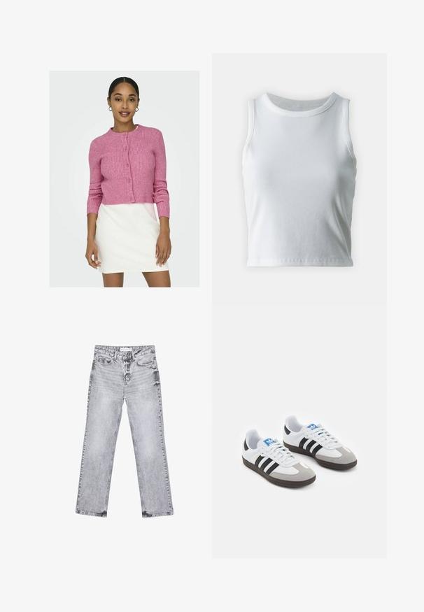 ONLY ONLKATIA BUTTON CARDIGAN - Vest - carmine rose; Witte geribde tanktop met een ronde halslijn en mouwloos ontwerp, voorzien van een rechte zoom en een gladde, rekbare textuur.; Grijze denim jeans met een rechte pijp, versleten details, vijf zakken en koperen klinknagels. De tailleband is voorzien van een logo-label.; Sportschoenen met een witte leren bovenkant, grijze suède neus en drie zwarte strepen. Bevat een blauw logo op de tong en een gestructureerde rubberen zool.