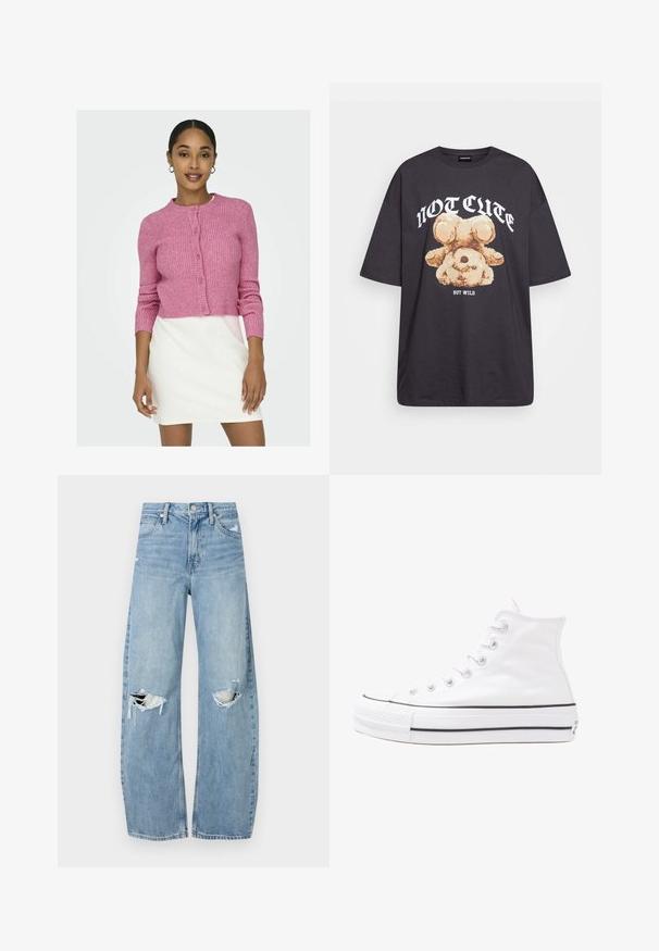 ONLY ONLKATIA BUTTON CARDIGAN - Kardigán - carmine rose; Čierne oversized tričko s grafikou medveďa a textom "NIE ROZTOMILÉ ALE DIVOKÉ" v tučnom bielom písmene. Bavlnený materiál.; Svetlomodré, vysoké džínsy vyrobené z denimu. Majú široké nohavice, dve roztrhnuté kolená a klasický päťvreckový strih.; Biele vysoké plátené tenisky s čiernou gumovou podošvou, prednou gumovou špičkou a šiestimi okami na šnúrky, s čistým, minimalistickým dizajnom.