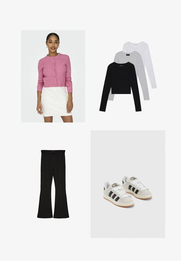 ONLY ONLKATIA BUTTON CARDIGAN - Vesta na kopčanje - carmine rose; Tri dugih rukava posložena: crna, siva i bijela. Svaka ima okrugli izrez i skrateni kroj s glatkom, laganom tkaninom.; Crne hlače na tregere od rastezljivog materijala. Imaju širok pojas i glatku teksturu, s uskim krojem koji se širi na rubu.; Sive suede tenisice s bijelim vezicama, crnim prugama i bijelim gumiranim potplatom. Imaju kružni logo na jeziku i gumeni potplat.