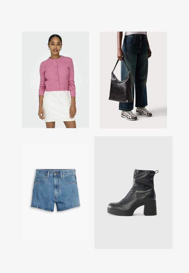 ONLY ONLKATIA BUTTON CARDIGAN - Vesta na kopčanje - carmine rose; Crne i bijele majice, okrugli izrez, kratki rukavi. Crna majica ima žuti vez suncem; bijela majica ima ljubičasti naglasak u obliku polumjeseca.; Traper šorts u svijetloplavoj boji, sa pet džepova, rajsferšlusom i kopčanjem na dugme. Rubovi su pohabani, a dizajn je opušten.; Crne gležnjače od glatke kože, s bočnim zatvaračem, debelim teksturiranim potplatom i dizajnom s zaobljenim prstima.; Crna kožna torba za rame s glatkom teksturom i podešivim remenom, u kombinaciji s izblijedjelim širokim trapericama i sportskim tenisicama.