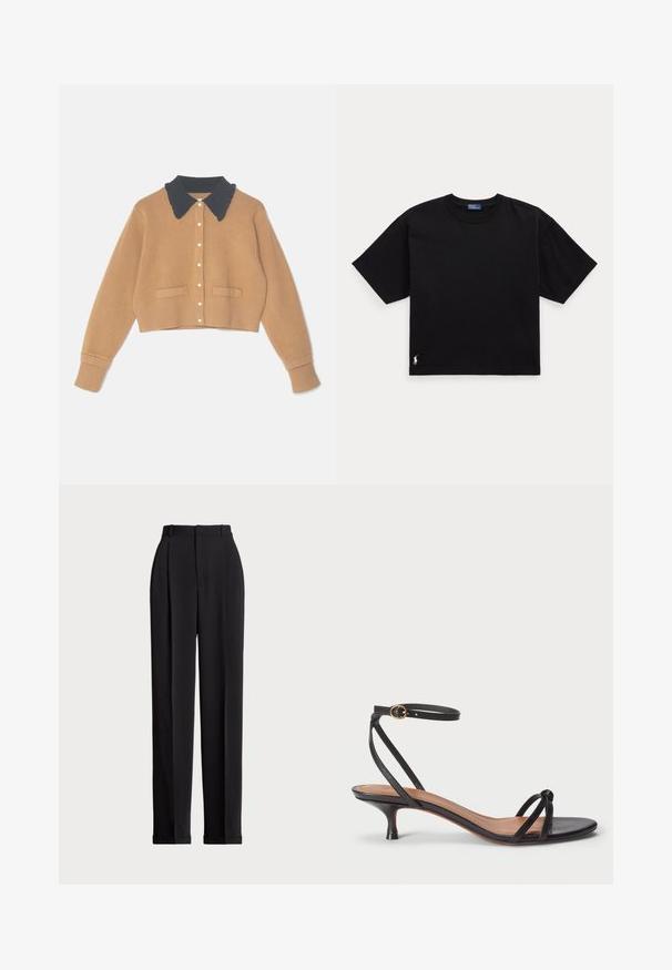 Rudas trumpas kardiganas su tamsiu apykakle, su mygtukų uždarymu, membiniu kraštu ir dviem priekinėmis kišenėmis. Minkšta tekstūra, minimalistiniai dizainas.; Juodas medvilnės marškinėliai trumpomis rankovėmis, apvaliu kaklu ir mažu baltu logotipu apatiniame kairiajame kampe. Klasikinis, dėžutės formos siluetas su minimaliu apdailos detalių skaičiumi.; Juodos pritaikytos kelnės su aukštu liemeniu, su klostėmis priekyje, tiesaus kirpimo ir užlenktais kraštais. Pagamintos iš lygaus audinio.; Polo Ralph Lauren LEATHER KITTEN-HEEL SANDAL - Klasikiniai aukštakulniai - black